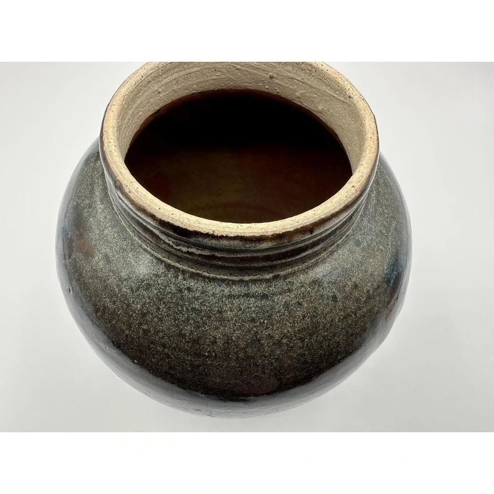 Artist Signed Handcrafted Vintage Studio Pottery Vase With Bronze and Blue Speck
